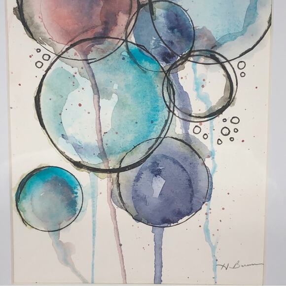 Original Artwork Framed Loose Watercolor Floral Bubble Art Painting by H. Barrow - Picture 4 of 5